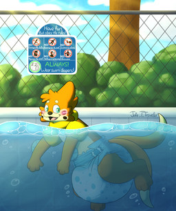 anthro blush blush_lines clean_diaper clothed clothing detailed_background diaper male orange_body plant pool_float semi-anthro shrub signpost smile solo swim_diaper swimming swimming_pool swimwear text tree water wearing_diaper jake_the_traveler nintendo pokemon buizel generation_4_pokemon mammal mustelid pokemon_(species) 5:6 absurd_res digital_media_(artwork) english_text hi_res