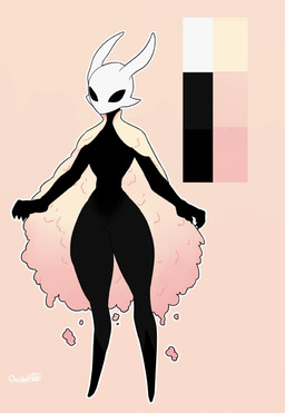 anthro black_body cherry_blossom cloak clothing color_swatch curvy_figure female flower onidrif pink_background pink_cloak pink_clothing plant prunus_(flower) simple_background slim solo hollow_knight_(franchise) team_cherry clover_(nickzilla) arthropod humanoid insect vessel_(species) hi_res