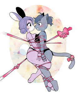 anthro bdsm bondage bound bound_together clothing duo female female/female hair nose_to_nose ponytail ribbon_bondage ribbons underwear peonybunny ventura_city_drifters alina_scratch candy_(peonybunny) domestic_cat felid feline felis lagomorph mammal russian_blue hi_res