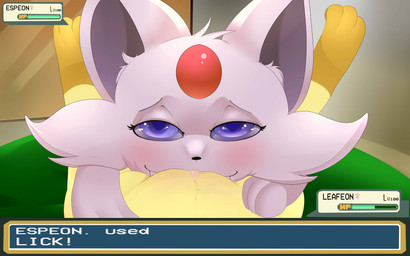 bed blush bodily_fluids cunnilingus duo female female/female female_pov female_symbol feral first_person_view fur furniture gameplay_mechanics gender_symbol genital_fluids genitals gui hair health_bar licking looking_at_viewer nude oral paws saliva sex simple_background smile symbol text text_box tongue tongue_out vaginal vaginal_fluids vulva flamyphantom1 nintendo pokemon eeveelution espeon felid generation_2_pokemon generation_4_pokemon leafeon mammal pokemon_(species) 16:10 2016 digital_media_(artwork) english_text hi_res widescreen