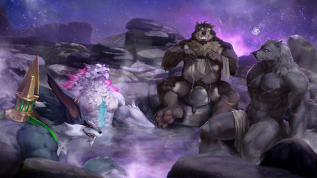 4_toes 5_fingers anthro black_nose blue_body blue_fur brown_body brown_fur feet fingers fur grey_body grey_fur group hindpaw hot_spring humanoid_hands male muscular muscular_anthro muscular_male night nude nude_anthro nude_male paws scar smile text toes towel trio water white_body white_fur lowerkuo elden_ring fromsoftware league_of_legends mythology riot_games tencent blaidd_(elden_ring) warwick_(lol) canid canine canis mammal mythological_canine mythological_creature werecanid werecanine werecreature werewolf wolf 16:9 4k absurd_res english_text hi_res widescreen