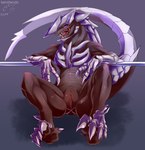 anthro armor athletic bedroom_eyes blade claw_(weapon) claws clitoris digitigrade eyelashes fangs female front_view furgonomics genitals grey_background gums legs_up long_mouth long_tail looking_at_viewer melee_weapon mostly_nude narrowed_eyes neck_muscles open_mouth pupils purple_eyes pussy reclining seductive sharp_teeth simple_background sitting slit_pupils snout solo tail tail_blade teeth toe_claws tongue weapon weapon_tail dragonlove love_death_+_robots netflix khanivore monster full-length_portrait hi_res portrait