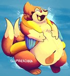 2_tails ambiguous_gender arm_fins belly big_belly eyes_closed feral fin floaty fur laugh multi_tail navel obese open_mouth orange_body orange_fur overweight simple_background smile solo tail tan_body tan_fur thick_thighs slumberchnk nintendo pokemon floatzel generation_4_pokemon mammal pokemon_(species) digital_media_(artwork) hi_res signature