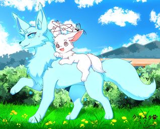 3_fingers 3_toes black_nose blue_body blue_eyes blue_fur blue_nose blue_tongue chest_tuft cloud cute_fangs detailed_background duo ear_tips fangs feet female feral fingers flower forest fur grass inner_ear_fluff looking_back male mountain neck_tuft open_mouth paws plains plant riding_on_back shrub sky spiral spiral_eyes teeth toes tongue tree tuft unconscious white_body white_fur kryztar the_extras_academy_survival_guide marilda_(the_extras_academy_survival_guide) rice_cake_(wolf) arthropod butterfly canid canine canis insect lepidopteran mammal wolf 2026 absurd_res hi_res