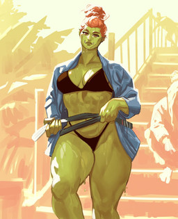 belt bikini biped breasts cleavage clothed clothing dripping_wet female green_body green_skin hair holding_object looking_at_viewer muscular muscular_female muscular_humanoid muscular_thighs not_furry open_clothing open_robe orange_hair outside robe solo stairs swimwear thick_thighs tusks two-piece_swimsuit walking water wet crom_(artist) humanoid orc hi_res