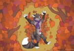 anthro autumn erection genitals knot leaf male nature one_eye_closed outside penile_spines penis scenery solo tongue tongue_out wink fatwulf wulfenski_(artist) zax_(zwalexan) canid canine domestic_cat felid feline felis fox hybrid mammal tabby_cat hi_res