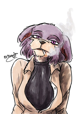 anthro bedroom_eyes cigarette cigarette_in_mouth clothing female looking_at_viewer narrowed_eyes object_in_mouth office_clothing office_lady seductive smoke solo sweater topwear mr.foxman beastars juno_(beastars) canid canine canis mammal wolf 2:3 hi_res
