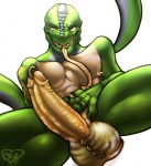 abs anthro bald balls biped blue_body blue_skin close-up erection eyebrow_piercing facial_piercing genital_piercing genitals glans green_body green_nose green_skin happy humanoid_genitalia humanoid_penis male muscular muscular_anthro muscular_male nipple_piercing nipples pecs penis penis_piercing piercing pink_body pink_skin prince_albert_piercing scrotum_piercing sharp_teeth simple_background sitting smile solo spread_legs spreading tan_penis tattoo teeth white_background yellow_body yellow_eyes yellow_skin chumbasket ral-jiktar emerald_swift lizard reptile scalie 2013 digital_media_(artwork) hi_res