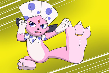 3_toes 4_fingers anthro claws countershade_feet countershading digit_ring feathers feet fingers flying_kick fur jewelry kick looking_at_viewer male midair open_mouth paws pink_body pink_fur pink_soles plantigrade pokemorph purple_eyes ring simple_background soles solo sparkles tail toe_claws toe_ring toes two_tone_feet two_tone_paws wrinkled_feet wrinkles yellow_background reggie_rakun nintendo pokemon fan_character kerolink generation_4_pokemon pokemon_(species) weavile 3:2 colored digital_media_(artwork) full-length_portrait hi_res portrait