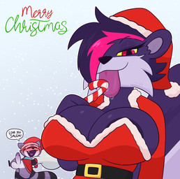 anthro areola areola_slip balls bangs big_breasts big_tail biped blue_body blush breasts candy candy_cane christmas_clothing christmas_headwear clothed clothed_anthro clothed_female clothed_male clothing costume countershade_face countershading dessert duo erection eyelashes female female_anthro food fur genitals hair hat headgear headwear holidays huge_tail looking_at_viewer male male/female male/nonbinary male_anthro penis pose purple_body purple_fur red_eyes santa_costume santa_hat short_hair simple_background speech_bubble tail three-quarter_view tongue tongue_out white_background yellow_sclera crushpepper christmas indigo_park rambley_raccoon salem_the_skunk mammal mephitid procyonid raccoon skunk digital_drawing_(artwork) digital_media_(artwork) half-length_portrait hi_res portrait shaded simple_shading nonbinary_(lore)