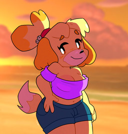 alternate_costume anthro beach bean_eyebrows bottomwear breasts brown_eyes cleavage clothed clothing crop_top denim denim_bottomwear denim_clothing denim_shorts exposed_shoulder female fur midriff navel off_shoulder shirt shorts solo summer sunset topwear yellow_body yellow_fur tyso_art tysobro tysobrowo animal_crossing nintendo isabelle_(animal_crossing) canid canine canis domestic_dog mammal shih_tzu toy_dog 2023 hi_res