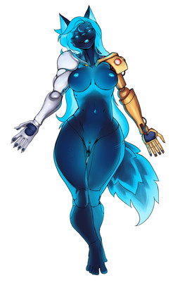anthro breasts cybernetics female frostflake genitals glowing glowing_body glowing_genitalia machine nipples nude simple_background solo anonymous_artist onyx_flake_(frostflake) android canid canine cyborg mammal robot robot_anthro absurd_res hi_res