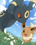 ambiguous_gender black_body black_eyes brown_body brown_fur detailed_background duo feral flower fur grass one_eye_closed open_mouth plant quadruped red_sclera sky smile yellow_body rumine nintendo pokemon eevee eeveelution generation_1_pokemon generation_2_pokemon pokemon_(species) umbreon 2023 hi_res