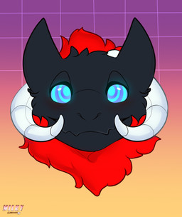 anthro black_body black_fur blue_eyes cross-eyed curled_horn front_view fur geometric_background glowing glowing_eyes gradient_background grid_background hair horn male milky neck_tuft pattern_background pointy_ears prick_ears red_body red_fur red_hair ringed_eyes simple_background solo spiral tuft wavy_mouth white_horn yin wickerbeast digital_media_(artwork) headshot_portrait hi_res portrait