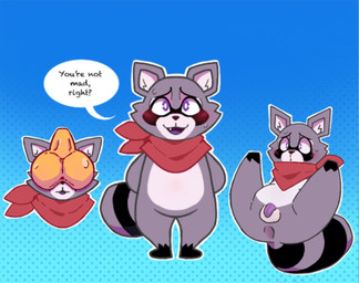 anthro anus balls balls_on_face black_body black_feet black_fur black_text blue_background blush blush_lines bodily_fluids butt countershading cute_fangs dialogue disembodied_balls duo fangs feet fur genitals kerchief kerchief_only legs_up male male/male markings mostly_nude neckerchief neckerchief_only neckwear open_mouth pattern_background penis purple_eyes purple_penis simple_background small_balls small_penis speech_bubble standing striped_markings striped_tail stripes sweat tail tail_markings teeth text these_aren't_my_glasses thick_thighs wide_hips tamdagoat indigo_park rambley_raccoon mammal procyonid raccoon 2024 english_text headshot_portrait portrait