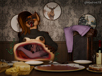 abdominal_bulge alcohol angry anthro areola belly belly_grab beverage biped bodily_fluids bread breasts cake chair cheese clothing cutaway cutout dairy_products dessert dining_room duo ear_piercing ear_ring eyebrow_piercing facial_piercing female floppy_ears fluffy food food_in_stomach full_stomach furniture hands_on_stomach inside_stomach internal jacket male male/female male_prey mohawk nipples nose_piercing nose_ring oral_vore organs piercing ring_piercing rumbling_stomach saliva saliva_on_tongue saliva_string stomach stuffing sweater table teeth tongue tongue_out topwear turtleneck vore wine worried yellow_eyes hydro678 alberarts_(modeler) damian_(colliedoggo) hyenid_(alber) lainey_(hydro678) canid canine canis collie domestic_dog herding_dog hyena hyenid_(species) mammal pastoral_dog sheepdog 4:3 absurd_res hi_res