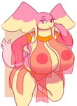 anthro areola big_breasts breasts clothing female genitals hand_on_hip huge_breasts looking_at_viewer multicolored_body nipples pink_areola pink_eyes pink_nipples pussy smile solo thick_thighs translucent translucent_clothing two_tone_body goopyarts nintendo pokemon raina_(goopyarts) audino generation_5_pokemon pokemon_(species) absurd_res hi_res