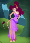 anthro bedroom_eyes breasts cleavage clothed clothing dress eyeshadow feet female footwear fur hair makeup narrowed_eyes open_mouth outside pink_nose purple_eyeshadow purple_hair sandals seductive shoes solo tail tail_tuft tan_body tan_fur toeless_(marking) tuft fuf disney disney's_hercules megara felid lion mammal pantherine hi_res