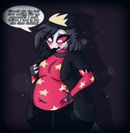 anthro belly belly_squish big_belly big_breasts blush breasts dialogue female hand_on_breast navel_outline overweight overweight_anthro overweight_female slightly_chubby slightly_chubby_female solo speech_bubble squish text weight_gain coleman12345 helluva_boss octavia_(helluva_boss) avian owl_demon absurd_res english_text hi_res