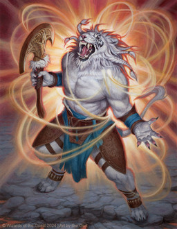 5_fingers anthro armor axe barefoot braided_hair clothed clothing eyes_closed feet fingers fur hair holding_axe holding_object leather leather_armor magic male muscular muscular_male open_mouth sharp_teeth solo tail teeth topless topless_male white_body white_fur white_hair caraid hasbro magic:_the_gathering wizards_of_the_coast ajani_goldmane felid lion mammal pantherine 2024 hi_res official_art traditional_media_(artwork)