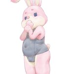 anthro blue_eyes clothed clothing crossdressing embarrassed fur long_ears male pink_body pink_fur school_swimsuit simple_background slightly_chubby slightly_chubby_male solo swimwear tail white_background young young_anthro young_male apluss nintendo nintendo_badge_arcade arcade_bunny lagomorph leporid mammal rabbit 1:1