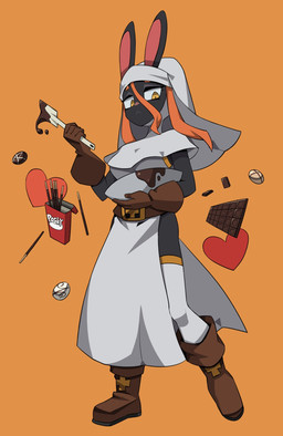 :< anthro belt belt_buckle biped black_body black_ears black_fur boots bowl brown_boots brown_clothing brown_footwear brown_gloves brown_handwear buckle candy chocolate chocolate_sauce clothed clothing container cooking cookware cross dessert dress female fingers food footwear front_view fully_clothed fur gloves habit hair handwear headgear headwear heart_symbol holding_object humanoid_hands kitchen_utensils legwear long_hair looking_at_viewer mixing_bowl monotone_body monotone_fur monotone_hair nun orange_background orange_hair pink_inner_ear pink_nose shoes simple_background solo spatula standing thigh_highs three-quarter_view tools white_clothing white_dress white_headwear white_legwear white_thigh_highs yellow_eyes flowerpigeon73 pocky mage_bun_(niking) lagomorph leporid mammal rabbit colored digital_media_(artwork) full-length_portrait hi_res portrait