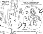 absurd_res baalbuddy clothed clothing comic demon demon_humanoid dialogue duo english_text eyewear female femephistopheles glasses hair hi_res holding_melee_weapon holding_object holding_sword holding_weapon horn horned_humanoid human humanoid humor male mammal melee_weapon monochrome not_furry open_mouth solo sword text virginia_kissless weapon wearing_glasses