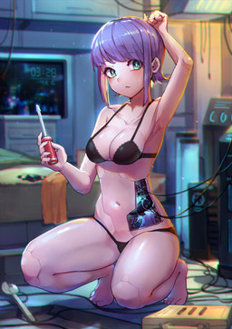bra breasts cleavage clothed clothing crouching female green_eyes hair holding_object machine not_furry panties purple_hair raised_arm screwdriver solo tools underwear wire mr.lime android humanoid robot robot_humanoid 2020 absurd_res hi_res