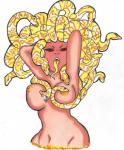 breasts female living_hair long_tongue looking_at_viewer pseudo_hair raised_arm red_body red_eyes red_skin simple_background snake_hair solo tongue white_background killergirl04 european_mythology greek_mythology mythology medusa humanoid reptile scalie snake hi_res