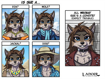 anthro black_nose brown_body brown_fur brown_hair chest_tuft city clothed clothed_anthro clothed_female clothing coat dress ear_piercing ear_ring ear_stud eyelashes eyeshadow facial_tuft female fur gold_(metal) gold_jewelry grin hair hat headgear headwear jacket jewelry leather leather_clothing leather_jacket leather_topwear long_eyelashes makeup mountain mugshot necklace o-ring parka piercing plant pyramid ring_piercing scarf smile solo straw_hat topwear tree tuft heresy_(artist) lancer:_the_knights_of_fenris canid canine canis coyote mammal 4:3