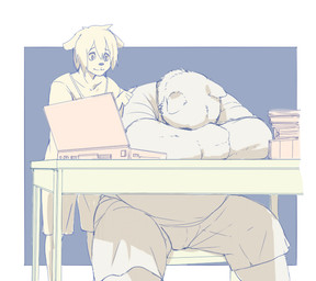 anthro biped bottomwear clothing computer duo electronics kemono male overweight overweight_male shirt shorts sitting topwear inunoshippo canid canine canis domestic_dog mammal 2021