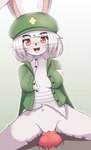 albino anthro blush bodily_fluids breasts clothed clothing duo erection female fur genital_fluids genitals hair hat headgear headwear looking_at_viewer male male/female penetration penis pussy red_eyes sex simple_background topwear vaginal vaginal_penetration white_body luniel combat_cat_studio wild_assault hongying_(wild_assault) lagomorph leporid mammal rabbit absurd_res digital_media_(artwork) hi_res
