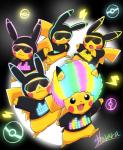 3_toes 5_fingers afro ambiguous_gender black_eyes black_nose bottomless cheek_spots clothed clothing crossed_arms dipstick_ears ear_markings eyewear feet fingers glowing group looking_at_viewer multicolored_ears neon open_mouth open_smile rave red_cheeks simple_background smile sunglasses toes yellow_body harara nintendo pokemon generation_1_pokemon mammal pikachu pokemon_(species) rodent 2018 hi_res signature