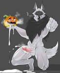 abs after_masturbation anthro balls barefoot big_muscles big_penis blush bodily_fluids bottomless bottomless_anthro bottomless_male claws cloak clothed clothing cum cum_drip cum_in_pumpkin cum_on_ground cumshot dripping ejaculation erection feet food food_fetish fruit fur genital_fluids genitals gesture grey_background hand_gesture holding_object holding_pumpkin holidays humanoid_genitalia humanoid_penis jack-o'-lantern kneeling looking_at_viewer looking_pleasured male muscular muscular_anthro muscular_male musical_note musical_symbol narrowed_eyes on_one_knee penetrating_pumpkin penis plant plantigrade pointing pointing_at_viewer poncho poncho_only pumpkin pumpkin_masturbation serratus simple_background smile solo symbol tuft whistling furtissier dreamworks halloween puss_in_boots_(franchise) death_(puss_in_boots) canid canine canis mammal wolf 2023 hi_res