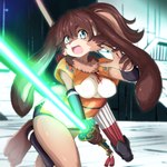 anthro blue_eyes breasts brown_body brown_fur brown_hair cheek_tuft clothed clothing eyebrow_through_hair eyebrows eyelashes facial_tuft feet female floppy_ears fur green_lightsaber hair lightsaber long_ears looking_at_viewer medium_breasts melee_weapon neck_tuft open_mouth ponytail solo tan_body tan_fur translucent translucent_hair tuft umbrella weapon watarai_kou star_wars star_wars_visions lop_(star_wars_visions) lagomorph lepi leporid mammal rabbit 1:1 2022 hi_res