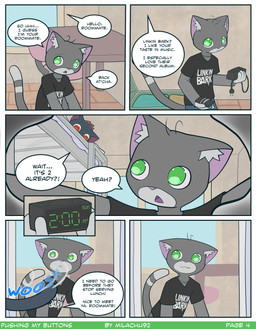 bed bedroom black_body black_fur clock clothing college dialogue fur furniture green_eyes grey_body grey_fur red_eyes school suitcase text milachu92 night_in_the_woods buttons_(milachu92) mae_borowski domestic_cat felid feline felis mammal absurd_res comic english_text hi_res