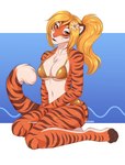 accessory anthro arm_tuft bikini blonde_hair breasts brown_eyes clothing collarbone eyebrows eyelashes feet female flower flower_in_hair fur hair hair_accessory hair_tie kneeling medium_breasts navel orange_body orange_fur plant ponytail shoulder_tuft solo striped_body striped_fur stripes swimwear thick_thighs tuft two-piece_swimsuit under_boob white_body white_fur chaiteakitten golden_week felid mammal pantherine tiger absurd_res hi_res