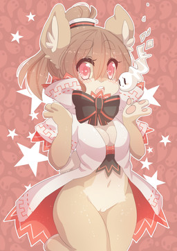 abstract_background anthro blush bow_(feature) bow_tie breasts brown_hair clothed clothing collar duo female fur genitals hair heart_eyes heart_symbol kemono looking_at_viewer mostly_nude multicolored_body multicolored_fur navel open_mouth red_eyes scared size_difference smile surprised teeth tongue two_tone_body two_tone_fur vulva niniidawns ghost mammal spirit unknown_species 2016 digital_media_(artwork)