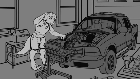 anthro car clothed clothing garage looking_worried male motor_vehicle solo standing tools vehicle vehicle_interior sydney_onmars general_motors gmc canid canine canis domestic_dog mammal 16:9 4k absurd_res hi_res monochrome unfinished widescreen