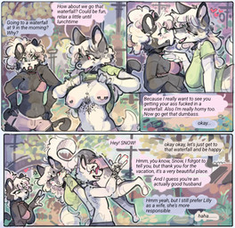 anthro black_body black_fur bone bone_mask breasts carrying_another clothed clothing fangs female forest forest_background fur group hair heart_symbol laugh male mask nature nature_background nipple_piercing nipples outside partially_clothed piercing plant sabertooth_(anatomy) skull skull_mask smile tail tattoo teeth text tree trio underwear white_body white_fur snowfoxy66 mythology dark(snowfoxy66) liliam(snowfoxy66) snow(snowfoxy66) arctic_fox canid canid_demon canine demon felid feline fox hellhound mammal mythological_canine mythological_creature prehistoric_species saber-toothed_tiger true_fox digital_media_(artwork) hi_res