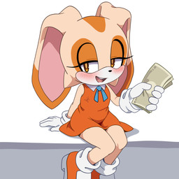 anthro blush clothing dress female floppy_ears gloves handwear holding_money holding_object implied_prostitution loli lop_ears money simple_background sitting solo suggestive white_background young young_anthro young_female hanakaji sega sonic_the_hedgehog_(series) cream_the_rabbit lagomorph leporid mammal rabbit 1:1 2026 absurd_res hi_res