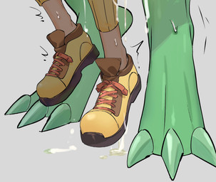 anthro anthro_penetrating anthro_penetrating_human bodily_fluids claws clothing cum cum_drip cum_on_ground cum_on_leg dangling_legs dripping duo footwear genital_fluids human_on_anthro human_penetrated interspecies leg_cropped_sex male male/male offscreen_sex penetration pokephilia sex shaking shoes simple_background tremble_lines trembling laiweitui nintendo pokemon a_mu_(laiweitui) fang_yuan_(laiweitui) pokemon_trainer generation_3_pokemon human mammal pokemon_(species) reptile scalie sceptile hi_res