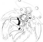 4_wings armwear clothing cross elbow_gloves eyes_closed flying gloves halo handwear legwear male multi_wing one_eye_obstructed simple_background solo thigh_highs white_background wings senatorwong raziel_(senatorwong) angel humanoid monochrome sketch