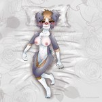 4_toes 5_fingers anthro bed_sheet bedding big_breasts black_claws blush blush_lines body_blush breast_blush breasts brown_stripes butt_fluff cheek_tuft claws detailed_background eyelashes facial_tuft feet female fingers floppy_ears fluffy_butt freckles fur genitals grey_background grey_body grey_fur innie_pussy nipples nude pillow pink_nipples pussy pussy_blush red_nose simple_background small_tail solo spots stripes tail toes tuft twinkworshiper8 lexy_(twinkworshiper88) australian_shepherd canid canine canis domestic_dog herding_dog mammal pastoral_dog sheepdog 1:1 absurd_res hi_res signature