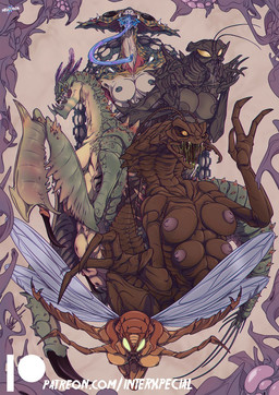 3_fingers 4_breasts antennae_(anatomy) arthropod_abdomen bodily_fluids breasts brown_body colored_saliva exoskeleton female fingers glowing glowing_eyes green_saliva group insect_wings long_tongue mantis_arms multi_breast multi_limb nipples non-mammal_breasts non-mammal_nipples open_mouth saliva teratophilia tongue tongue_out unusual_bodily_fluids unusual_saliva wings interxpecial men_in_black the_outer_worlds edgar_the_bug alien arthropod blattodean cockroach insect mantiqueen mantis mantisaur orthopterous_exomorphs hi_res watermark
