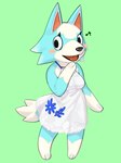 anthro biped blue_body blue_fur blush clothing dress female fur gloves_(marking) green_background hair markings multicolored_body multicolored_fur musical_note musical_symbol simple_background smile solo symbol two_tone_body two_tone_fur white_body white_clothing white_dress white_fur white_hair kame_3 animal_crossing nintendo skye_(animal_crossing) canid canine canis mammal wolf 2023 digital_media_(artwork) hi_res