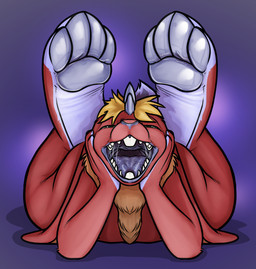 4_toes anthro biped blonde_hair bodily_fluids brown_body brown_fur buckteeth buckteeth_(lower_incisors) chest_tuft drooling eyes_closed feet foot_focus fur gaping_mouth grey_pawpads hair hindpaw horn looking_at_viewer lying male mouth_shot multicolored_body nude on_front open_mouth pawpads paws purple_background red_body red_fur saliva saliva_string simple_background soles solo teeth toes tongue tuft uvula white_body wrinkled_feet wrinkles akudrache cirez lagomorph leporid mammal rabbit digital_media_(artwork) hi_res