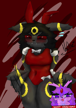 anthro blush bodily_fluids bunny_costume clothing costume duo ejaculation female female/female female_focus genital_fluids tail tail_motion tailwag vaginal_fluids vaginal_squirting noonearts nintendo pokemon rigby_the_cat eeveelution espeon generation_2_pokemon pokemon_(species) umbreon absurd_res hi_res meme