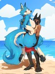 anthro beach big_breasts big_butt bikini blue_body blue_fur bottomwear breasts brown_body brown_fur butt carrying_another claws clothed clothing duo ear_piercing ear_ring female fur hair huge_breasts huge_butt kiss_mark male markings outside pawpads piercing ring_piercing sand seaside shorts size_difference sky smile swimwear tail tan_body tan_fur two-piece_swimsuit water white_body white_fur muart242 kloey_(pajamamcham) mutt_(muart242) canid canine canis mammal wolf 3:4 hi_res