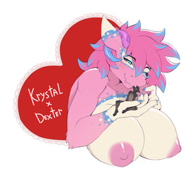 5_fingers anthro areola belly big_breasts biped black_body black_ears black_feet black_fur black_hair black_nose blue_body blue_claws blue_eyes blue_fur blue_hair blue_horn blue_sclera breasts brown_body brown_fur claws curved_horn dipstick_ears duo ear_markings eye_contact feet female female_anthro finger_claws fingers fur grey_belly grey_body grey_eyes grey_fur hair heart_symbol holding_character horn huge_breasts larger_anthro larger_female larger_nude looking_at_another love male male_anthro markings mature_anthro mature_female micro micro_in_hand multicolored_ears nipples nude nude_anthro nude_female nude_male pink_areola pink_arms pink_body pink_ears pink_fur pink_hair pink_horn pink_nipples pupils purple_horn simple_background size_difference slit_pupils smaller_anthro smaller_male smaller_nude white_background white_body white_breasts white_ear_tips white_fur white_hands white_markings beer_cock krix dexter_(krix) krystal_(darkmaster781) canid canine canis domestic_dog german_shepherd herding_dog mammal pastoral_dog wickerbeast 2023 absurd_res hi_res